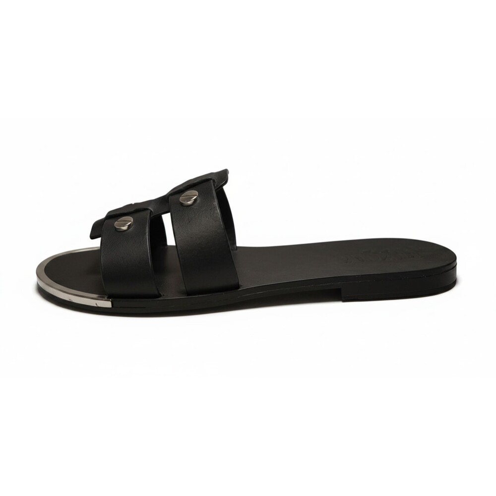 DKNY Glynn Black Leather Studded Slide Sandals Slip On Flats Womens Size 7.5 New